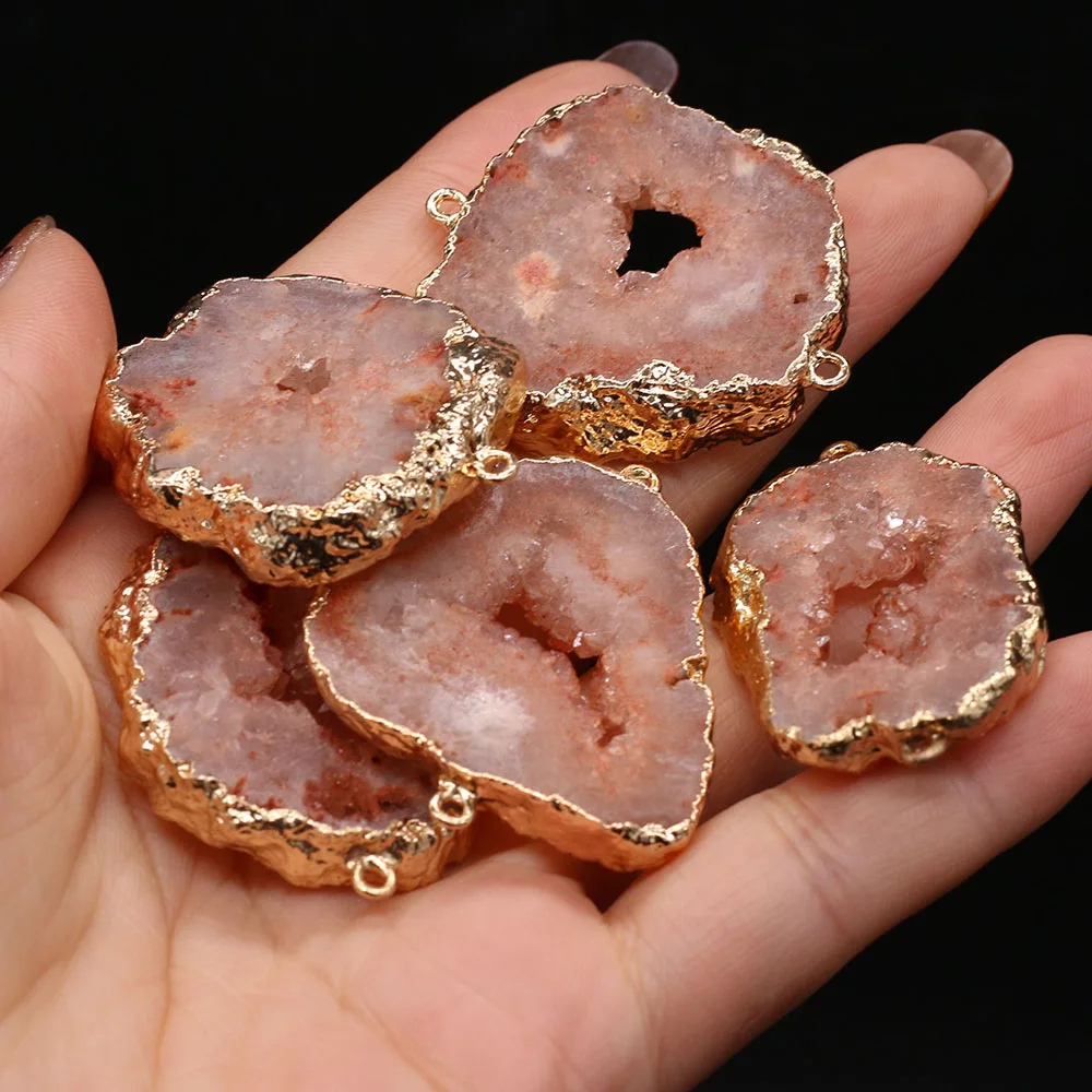 Natural Stone Pendants Gold Plated Slice Agates Druzy Connector for Jewelry Making Diy Women Necklace Accessories