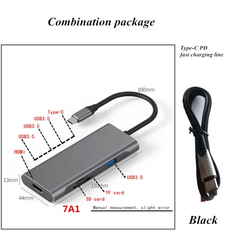 Usb-хаб Мульти USB 3,0 концентратор Высокоскоростной разветвитель портов HDMI устройство для чтения карт SD TF type-c PD Быстрая зарядка для ПК Компьютерные аксессуары - Цвет: PD line black