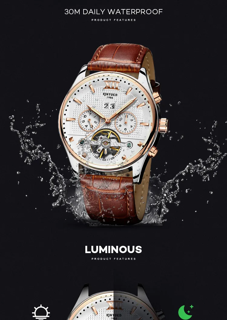 Kinyued Real Mechanical Watches Men Hot Fashion Automatic Tourbillon Leather Band Wristwatches Gold Reloges Skeleton Hand Watch