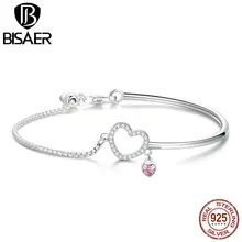BISAER, Новое поступление, 925 пробы, Серебряное ювелирное изделие, любовь, сердце, круглая цепочка для браслетов, серебряное ювелирное изделие, подарки для женщин, HSB117