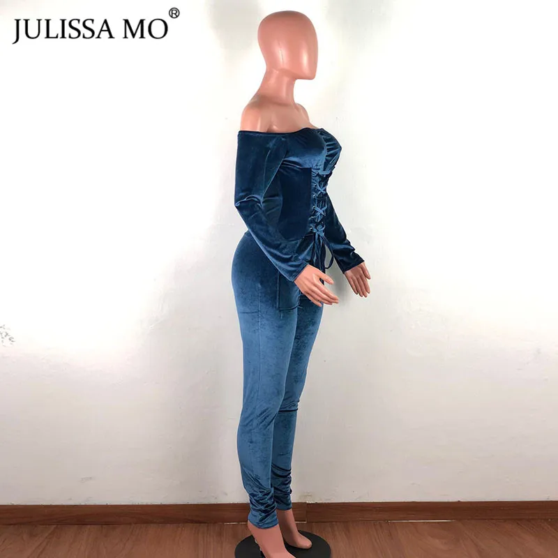 Julissa mo сексуальный Облегающий комбинезон с открытыми плечами женский фланелевый бандажный комбинезон с длинным рукавом Комбинезоны зимние элегантные на шнуровке комбинезон