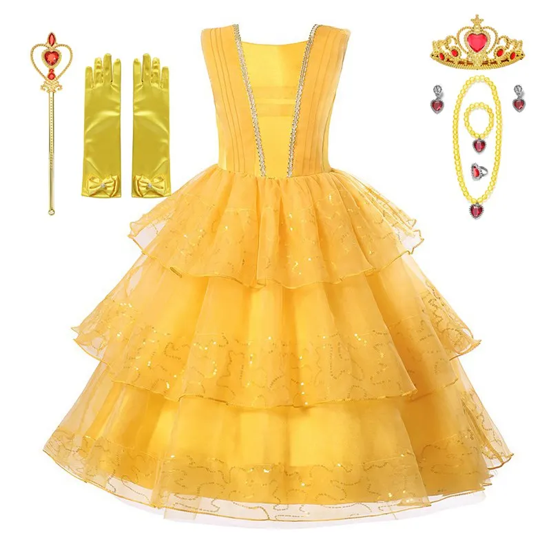 

VOGUEON Girls Prom Party Wedding Dress Summer Layered Beauty and the Beast Princess Belle Fancy Dress Up Kids Halloween Costume