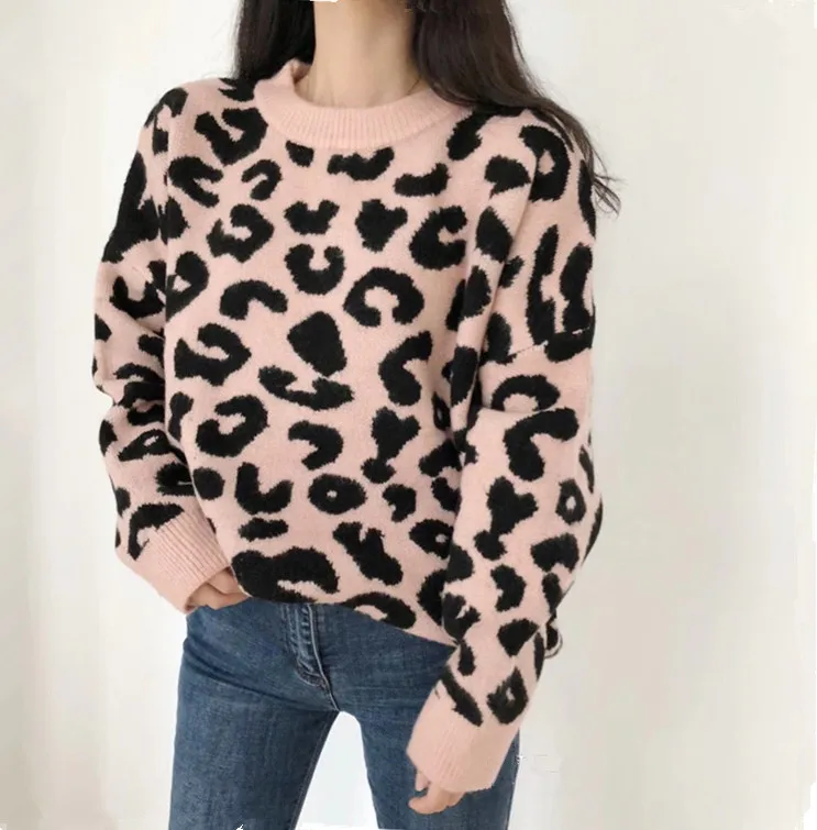 Модный свитер знаменитостей, свободные леопардовые свитера, корейский модный свитер с круглым вырезом, вязаные женские свитера, топы, пуловер 6385 95