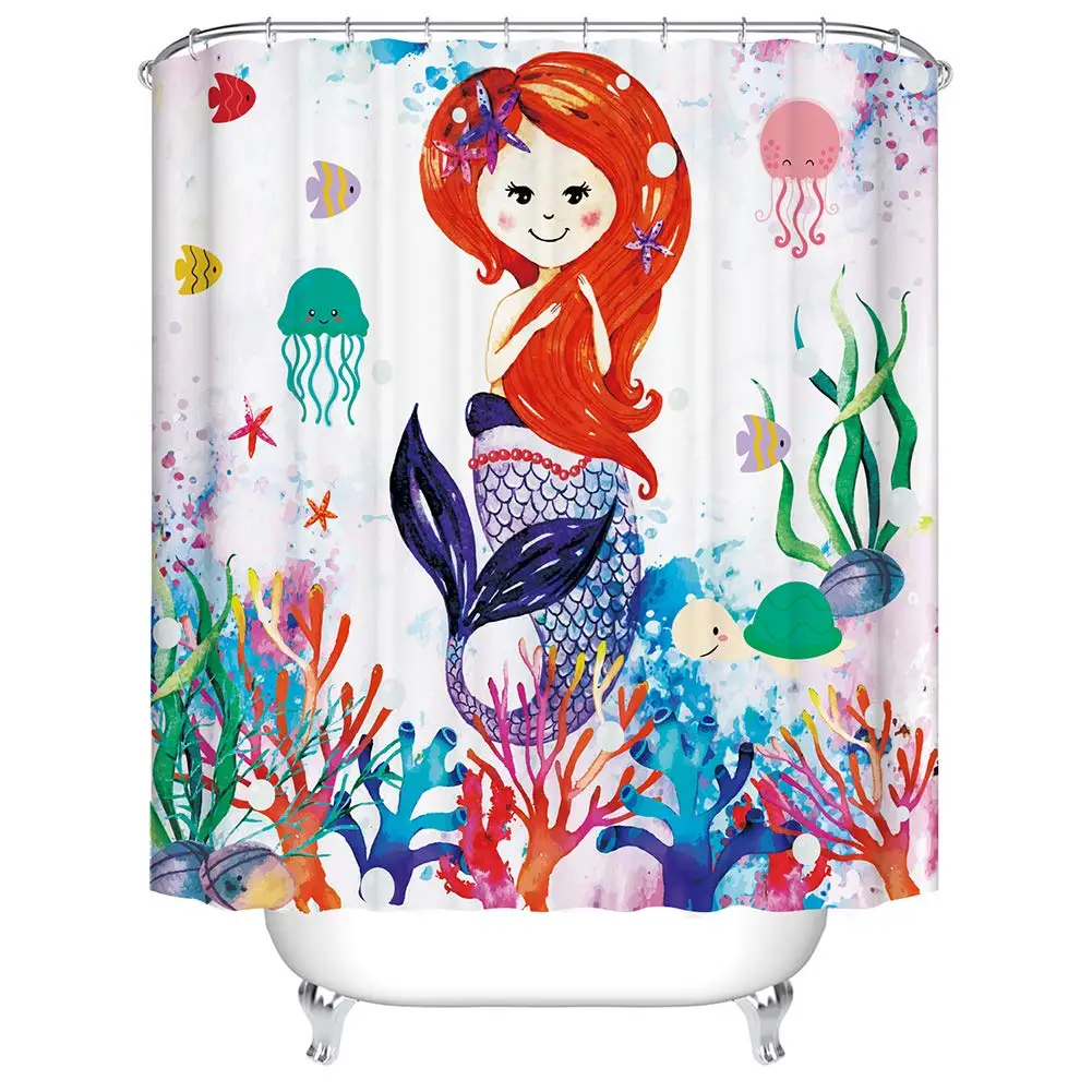 

Watercolors Mermaid,Fish and Coral Pattern Digital Print Shower Curtains for Bathroom Decor,Polyester Waterproof Fabric Bath