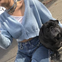 Liv свитер Ангорский Кролик Синий боты спереди обрезанный Вязаный Кардиган укороченный свитер грудь вышивка логотип