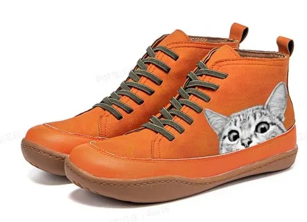 New Autumn And Winter  Retro Warm  Booties Women Comfy Cartoon Cats Print Suede Buckle Casual Flat Ankle Boots Mujer Botas 