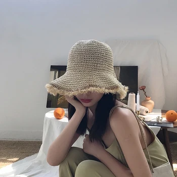 

Hat female summer new fisherman hat simple big brim sun hat straw hat foldable beach hat