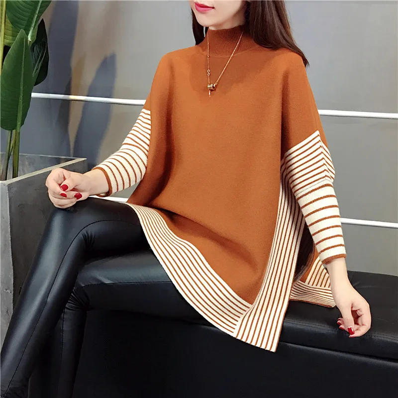 

2019 Autumn And Winter New Style Korean-style Loose-Fit Pullover Shawl Versitile Fashion Half-Turtle-Neck Stripes WOMEN'S Knitwe