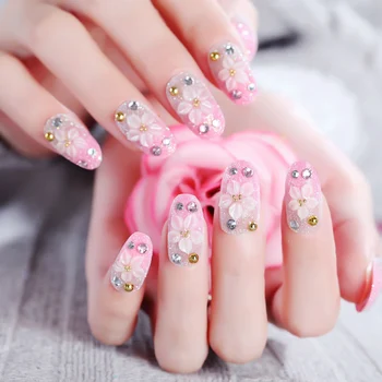 

24pcs/box Bridal Wedding Pink Color Beauty Fake Nail Full Cover Nail Art Tips with Glue Girls Sweet Flower Design False Nails