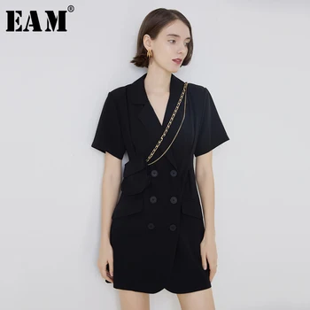 

[EAM] Women Black Pleated Double Breasted Mini Dress New Lapel Short Sleeve Loose Fit Fashion Tide Spring Summer 2020 1Y468