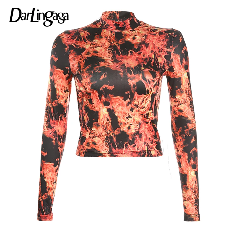 Orange Darlingaga уличная облегающая футболка с огнем, Женский Топ с длинным рукавом, праздничные футболки, короткий топ с принтом, футболки, весна-осень, Новинка - Цвет: Orange