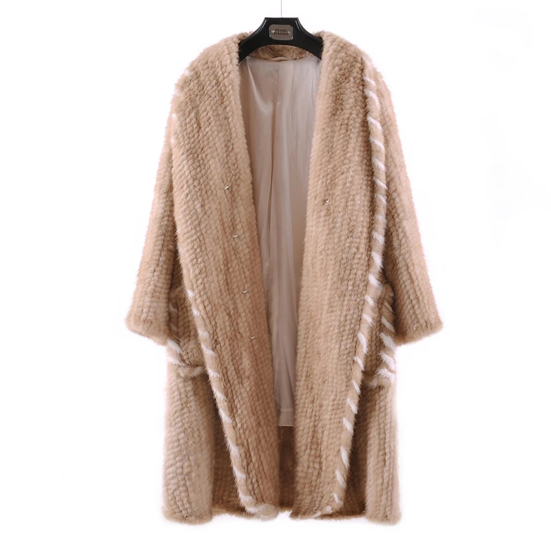 Настоящее натуральное Норковое меховое пальто с длинным рукавом высокого качества вязаное Женское зимнее длинное пальто