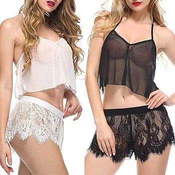 

Fashion Pajamas Set For Women Sleepwear Sleeveless Strap Nightwear Lace Trim Satin Cami Top Pajama Sets Perspective L58