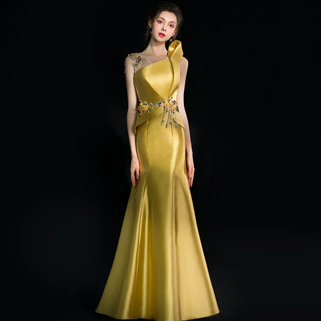女性のためのゴールデンイブニングドレス,新しい女性の宴会の服,気質