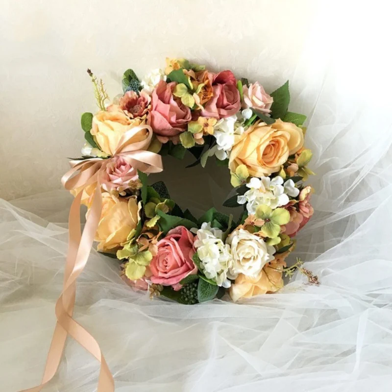 

Artificial Camellia Hydrangea Wreath Simulation Rose Flowers Garland Decor Home Door Lintel Wreath