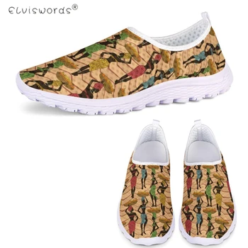 

ELVISWORDS Fashion Women Slip On Mesh Flats Shoes Cute 3D Cartoon African Girl Aztec Print Lightweight Soft Sneakers Casual Foot