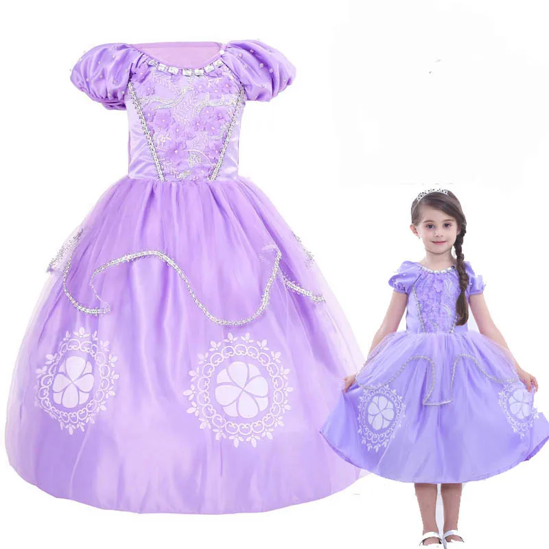 2-10T Princess Sophia Girls Cotton Printed Short Sleeved Summer Party Cosplay Performance Suit Costume Dress |