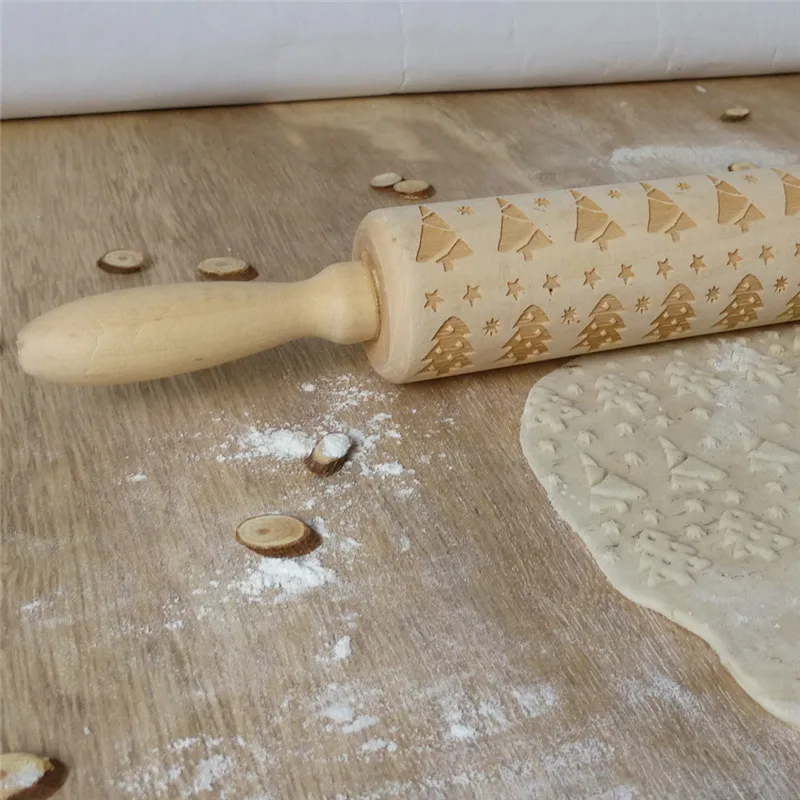 Biscuit Cake Rolling Pins Engraved Roller 35cm*4.3cm Christmas Embossing Wooden Xmas Tree Snowflake Cookies Baking