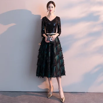 

AE793 Evening Dress For Women Plus Size Formal Dresses Elegant Half Sleeve Tea-Length Black V-neck Vestidos De Gala