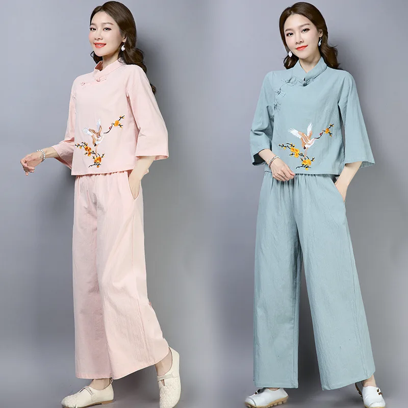 

2019 New Style Ethnic-Style WOMEN'S Dress Retro Chinese Style Cotton Linen Tea Service Hand-Painted Meditation Clothing Leisure