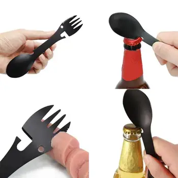 

5 in 1 Multi-functional Outdoor Tools Stainless Steel Camping Survival EDC Kit Practical Fork Knife Spoon Bottle/Can Opener