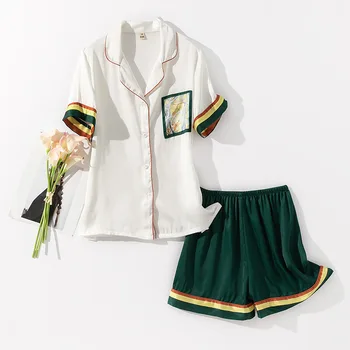 

Summer Women Pajamas Sets Ice Silky 2PCS Sleepwear Satin Loose Shirt&Shorts Female Print Pyjamas Suit Casual Home Clothes
