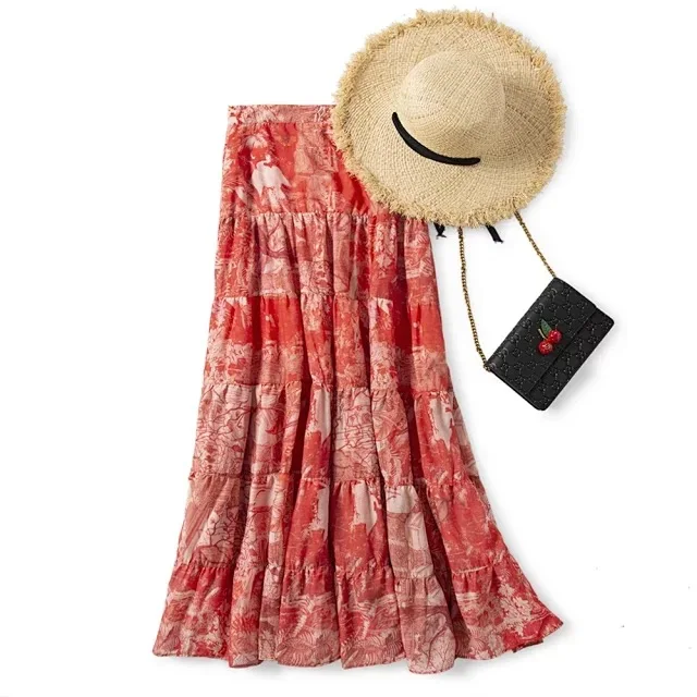 Women Skirt 2019 Early Autumn Silk Cotton New Vintage Wind Dizzy Dye High Waist Skirt Beach Skirt