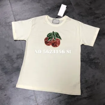 

Cotton casual short sleeve tshirt women sequined graphic tees T-shirt runway high quality woman man couple clothes tops 9021