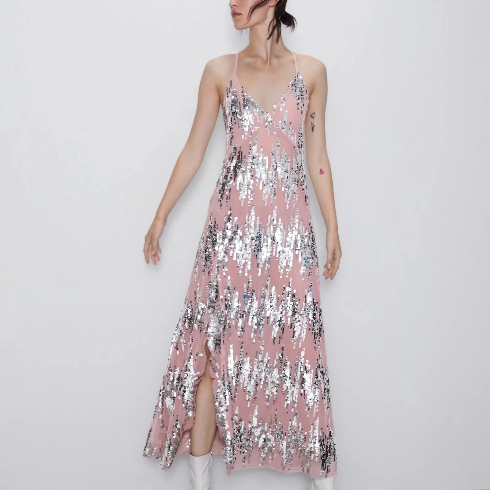 ZA платье с блестками женское сексуальное эластичное с глубоким v-образным вырезом и открытой спиной повседневное модное стрейчевое облегающее блестящее вечернее платье vestido