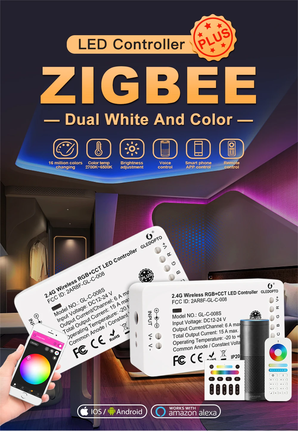 Zigbee пульт дистанционного управления RGBCCT WW/CW Led control ler DC12/24 V led strip control ler smart Голосовое управление работа с amazon echo plus