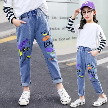 

Fashion Kids Jeans Trousers Spring Cartoon Toddler Girls Denim Pants Cotton Elastic Waist Blue Pant Teenage Clothes for 4-14T