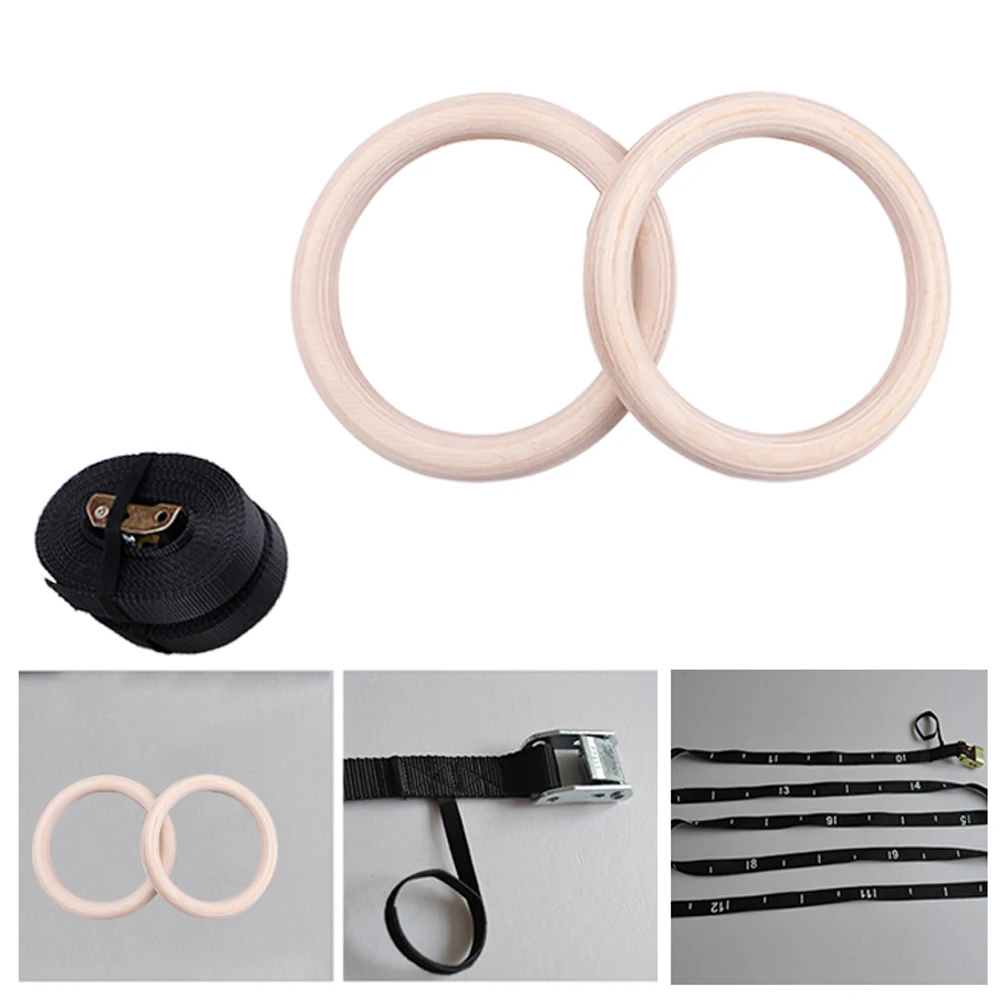 Wood Hanging Pull Ups Gymnastics Rings Set Buckle Straps Exercise Gym Fitness Muscle Body Building Adjustable Indoor Home