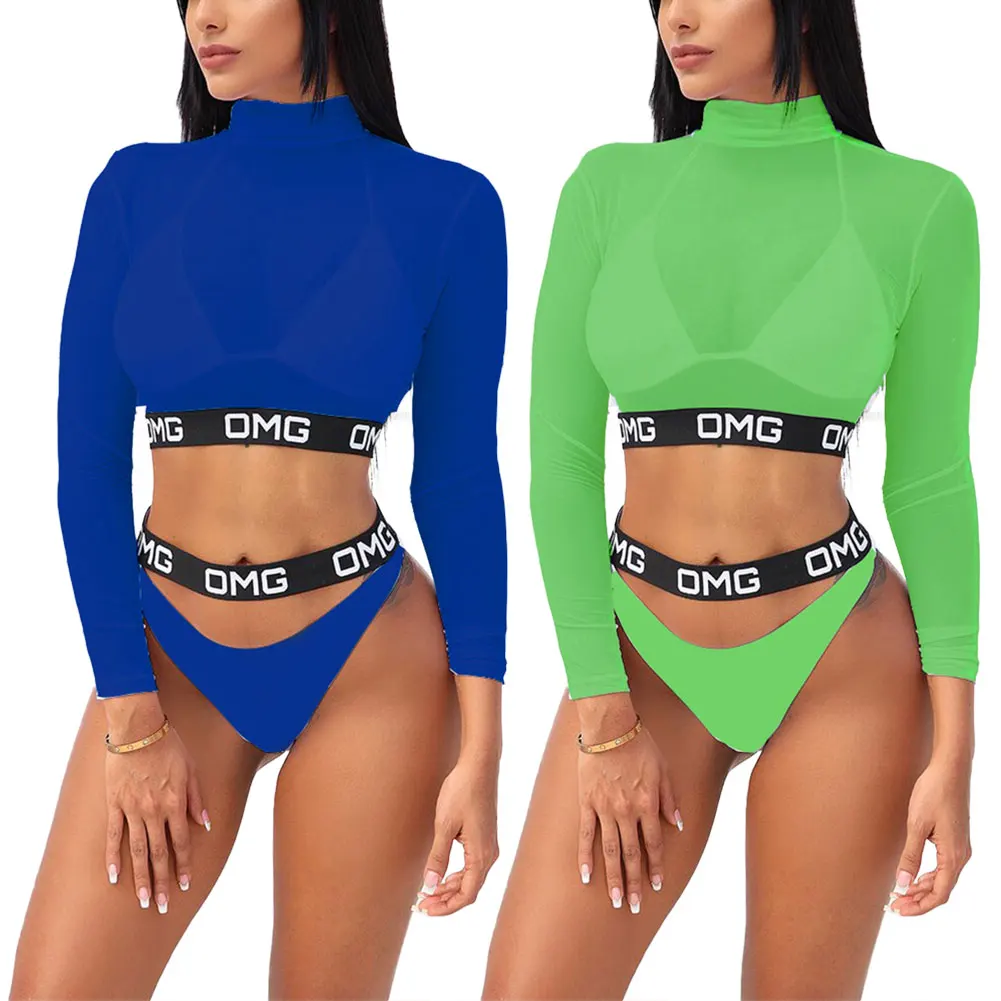 3PCS Women Bikini Set Long Sleeve Mesh Swimwear Push-up Padded Bra Shorts Swimsuit Green Blue Beachwear | Женская одежда