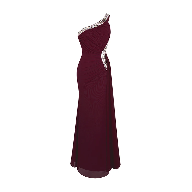 Wine Red 411 Женское дл.веч.платье, с бисером, Angel-Fashions, синее длинное вечернее платье с одним открытым плечом и разрезами, расшитое бисером, модель 075 411 - Цвет: Wine Red 411
