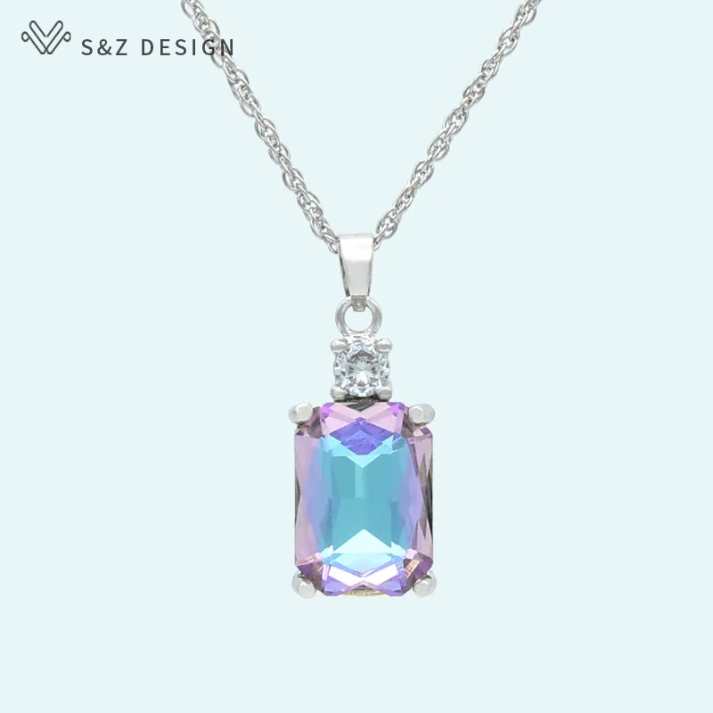 S&Z DESIGN New Square Crystal 585 Rose Gold Color Pendant Necklace For Women Wedding Party Fashion Jewelry