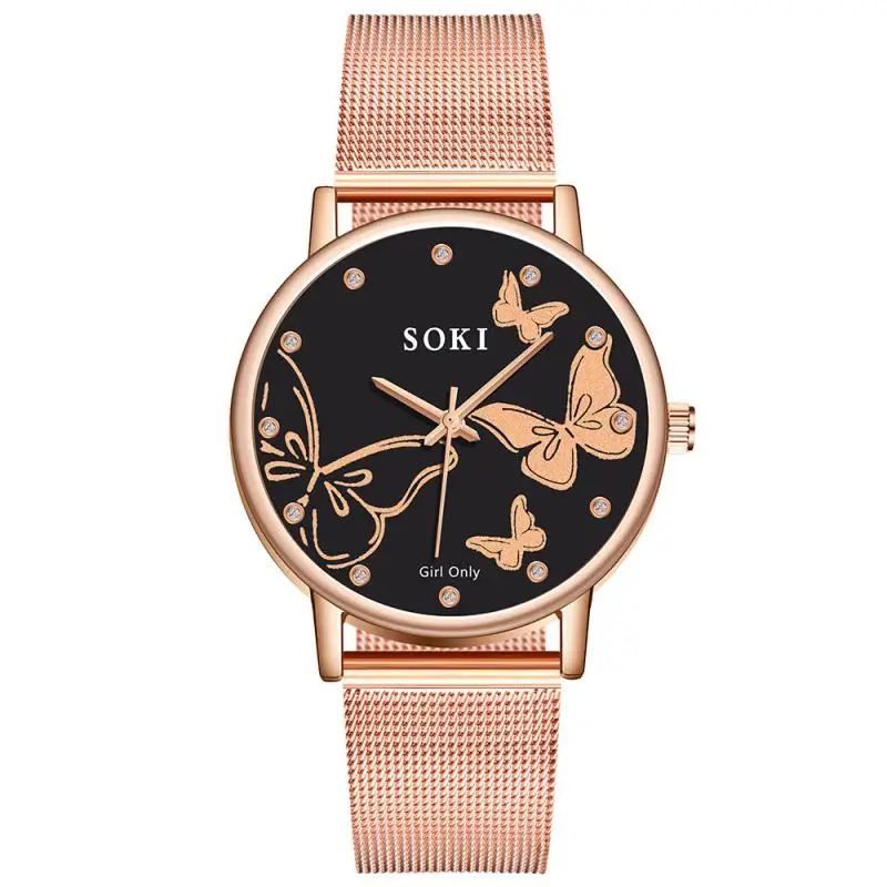 

Rose Gold Luxury Watch Women Special Design Butterfly Dial Diamond Watches Mesh Band Exquisite Ladies Quartz Wristwatches 2019