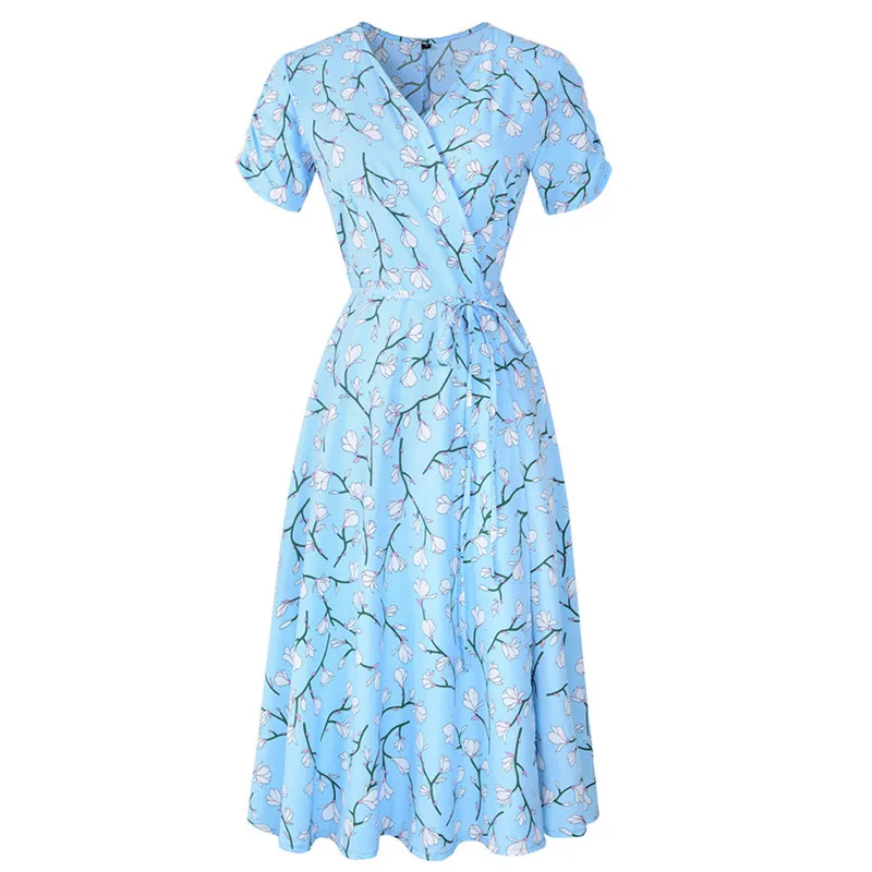 

V Neck office dress Holiday Floral Print dress women summer 2019 Ladies Short Sleeve Party Dress vestidos robe femme#G6