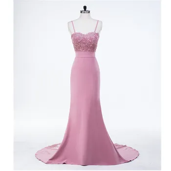 

Blush Pink Mermaid Satin Evening Dress with spaghetti straps 2020 Lace Appliques Long Evening Gowns robe de soiree