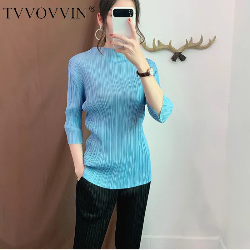 TVVOVVIN, оранжевая, со стоячим воротником, укороченные рукава, плиссированная, свободная, плюс, женская футболка, повседневная, дикая, простая, модная, осень, новинка, F977