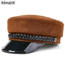 XdanqinX, элегантная женская шапка из натуральной кожи, армейские шапки в стиле милитари, женская кепка на плоской подошве, Женская Кепка из овечьей кожи, модная брендовая женская шапка