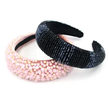 

1PC Womens Baroque Thick Padded Headband Handmade Beading Rhinestone Wide Hair Hoop 2 Colors