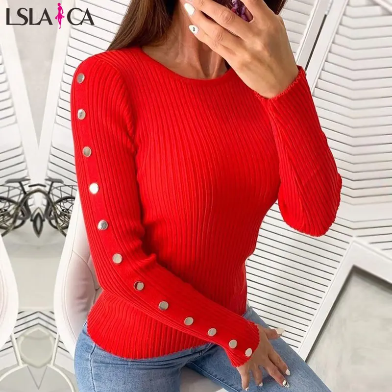 Women sweater bottming Solid color Ribbed Round Neck Buttoned Detail Sweater long sleeve pit office elegant winter sweater