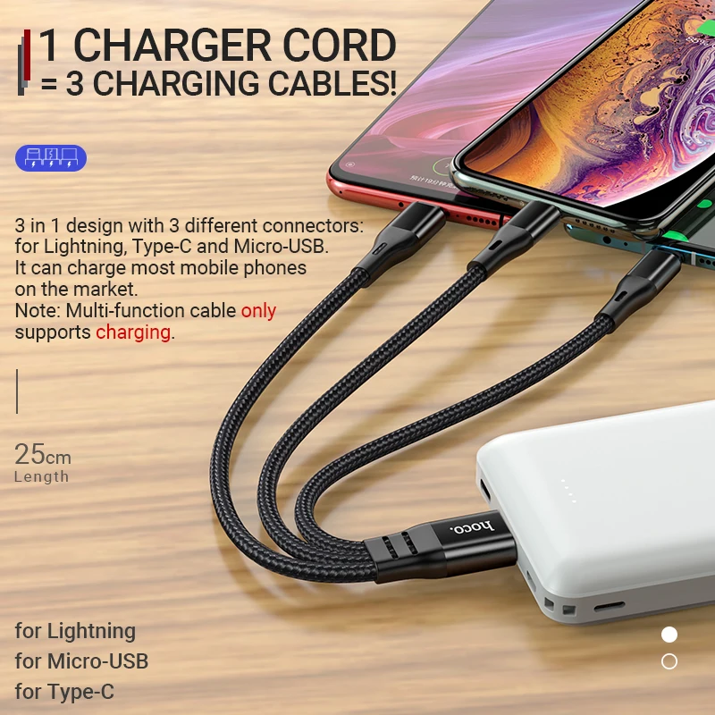 CABLE 3 EN 1 USB TYPE-C USB-C/ LIGHTNING /MICRO USB