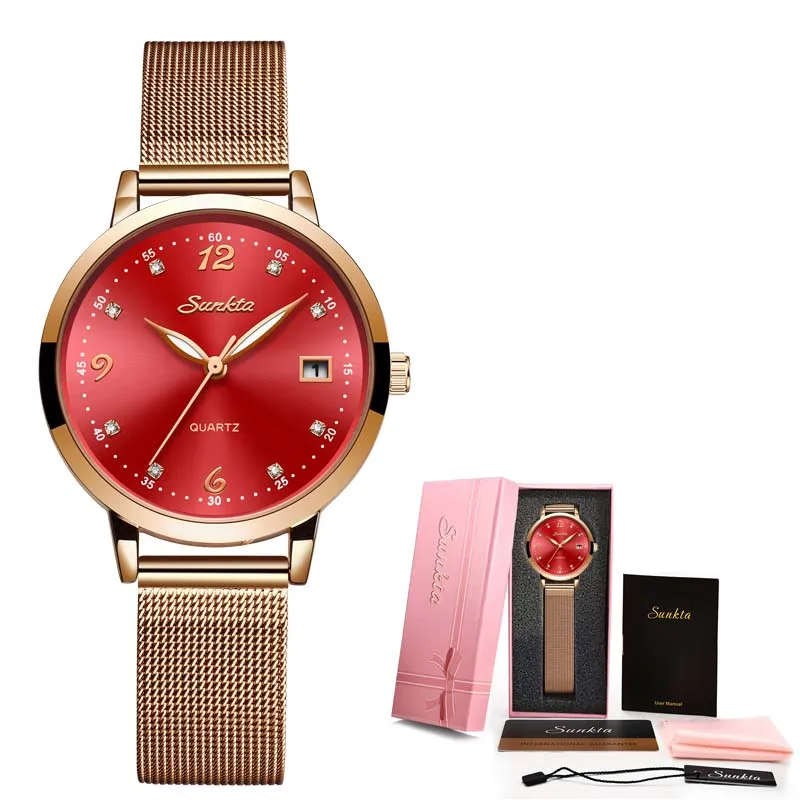Rose gold red SUNKTA роскошные подарочные часы с бриллиантами женские водонепроницаемые часы из розового золота со стальным ремешком женские наручные часы лучший бренд часы Relogio Feminino - Цвет: Rose gold red