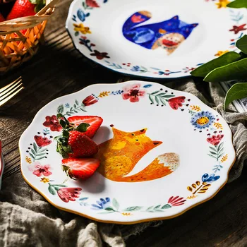 

8 Inch Ceramic Plate Creative Carton Animal Round Dishes Household Tableware Dinner Plate Dessert Tray Steak Cake Plate Flower