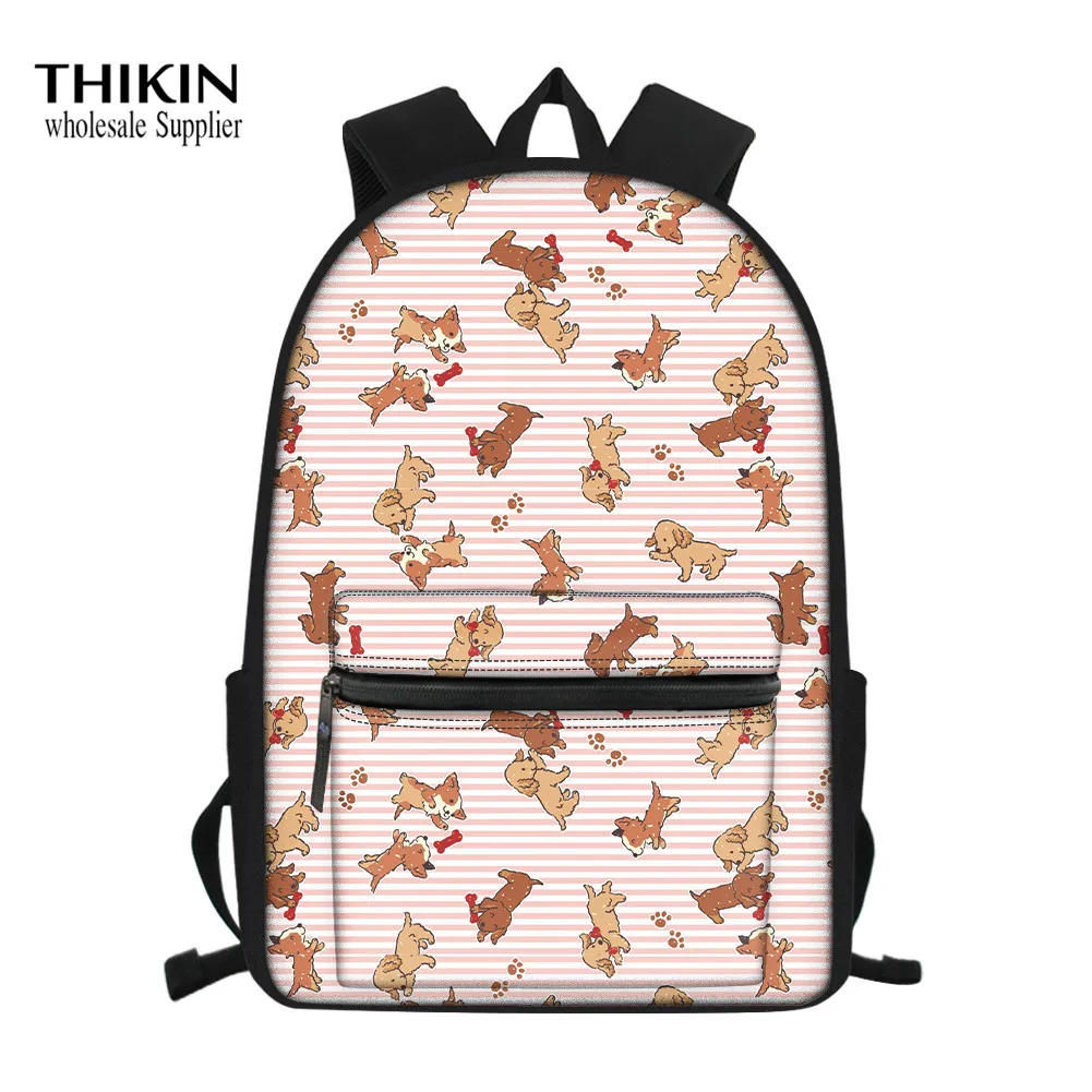 

THIKIN Cute Corgi Print Cartoon School Bags for Childre Canvas 16 Inch Large Primary Student Schoolbags Book Bag Kids School Bag