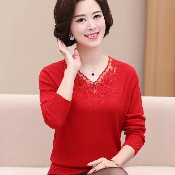 Hot 2020 winter women sweaters V-collar long sleeve pullovers Solid color middle-aged Good quality Hand-beaded sweater DF435 | Женская