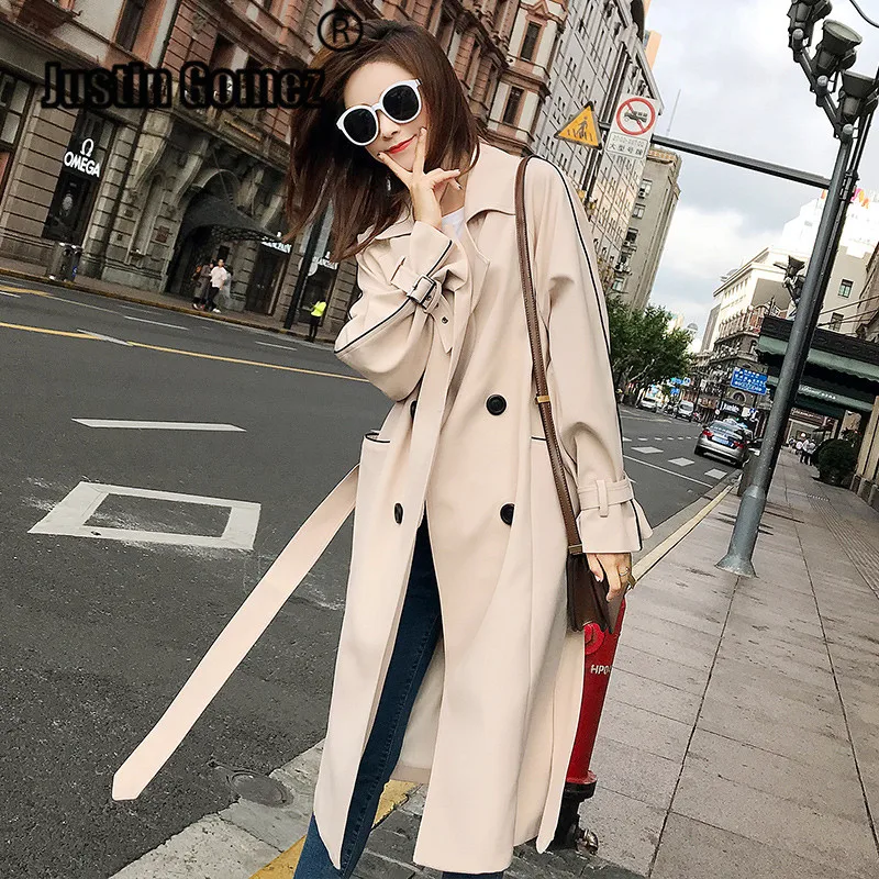 

British Design Solid Color classic Style Fashion Women's Double-Breasted Long Trench Coat with Belt