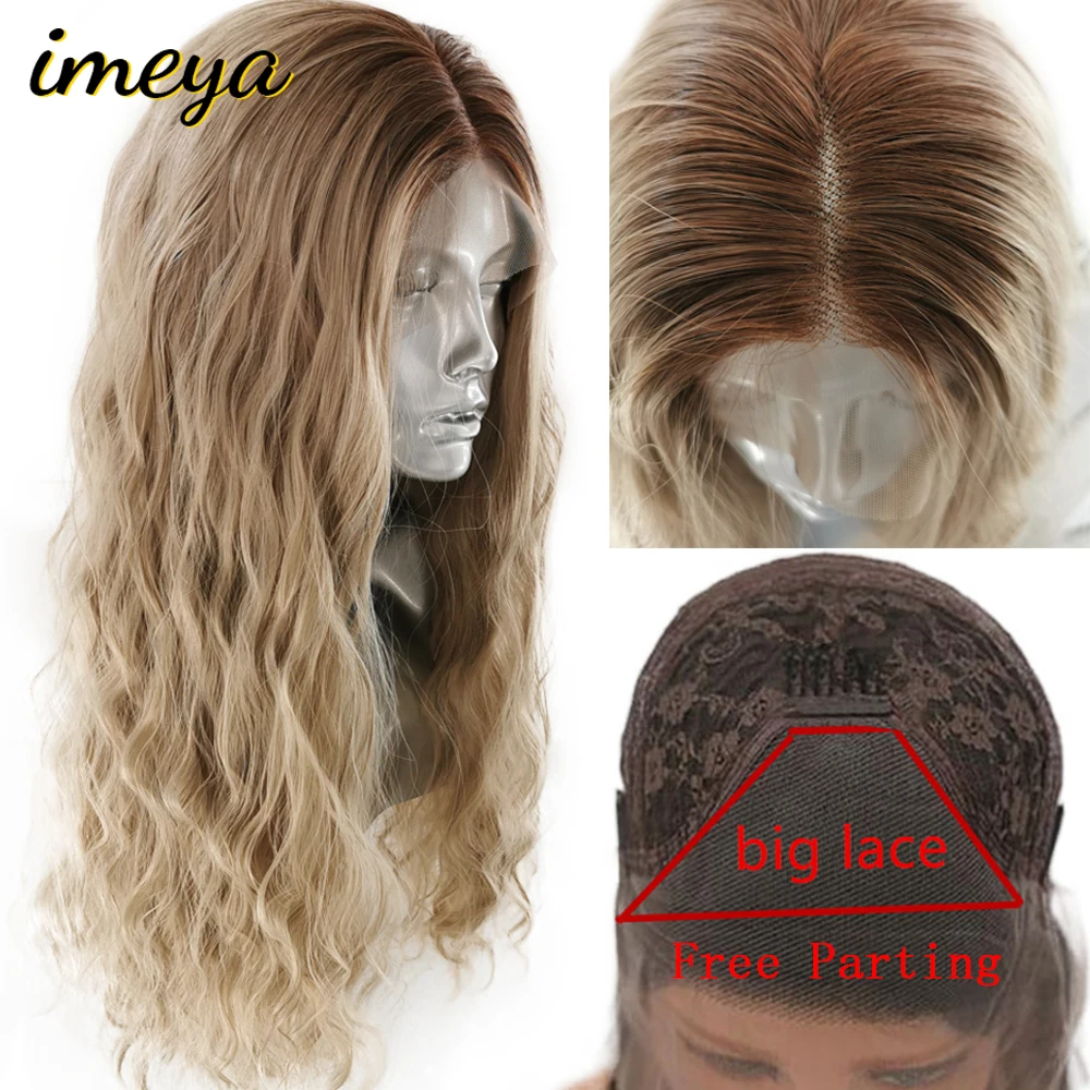 Imeya эффектом деграде(переход от темного к мюли Цвет 150% плотность объемная волна 13X3 парик шнурка Жаростойкие накладные волосы корни коричневый синтетический Синтетические волосы на кружеве парики для Для женщин