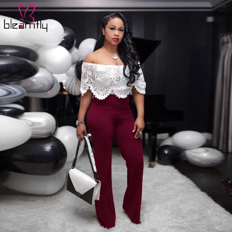 

Women Elegant Lace Patchwork Jumpsuits Off Shoulder Butterfly Sleeve Jumpsuit Sexy Party Long Rompers Hollow Out Club Playsuits